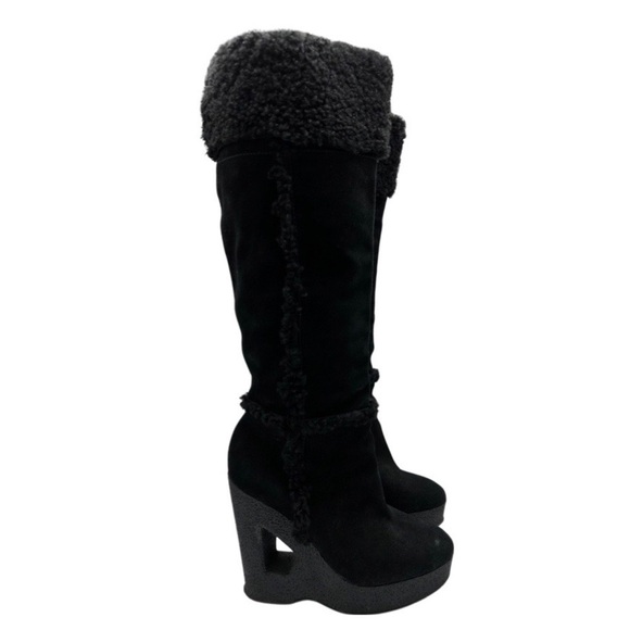 Michael Kors Knee High Suede &‎ Shearling Wedge Cutout Heel Boots - Picture 2 of 15